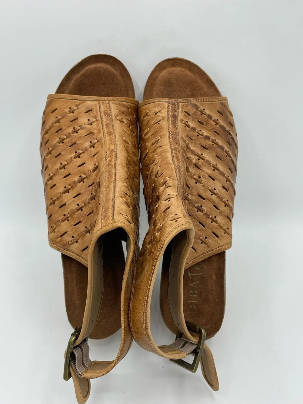 Diba True Need Be Tan Distressed Boho Perforated Leather Wedge Sandals.